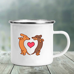 Image of a cutest Dachshund coffee mug featuring two Dachshunds with heart in the middle