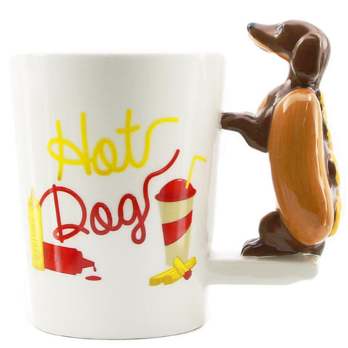 Image of Dachshund coffee mug in a unique 3D Dachshund hotdog design