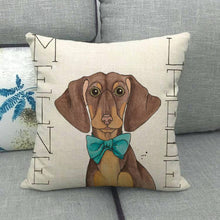 Load image into Gallery viewer, Image of a dachshund cushion cover featuring the cutest “Meine Liebe” Dachshund design.