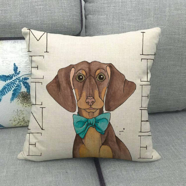 Image of a dachshund cushion cover featuring the cutest “Meine Liebe” Dachshund design.