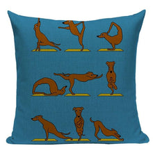 Load image into Gallery viewer, Image of a yoga dachshund cushion cover in the color blue