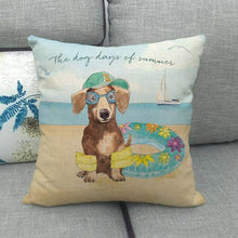 Load image into Gallery viewer, Image of a dachshund cushion cover with dachshund at the beach design