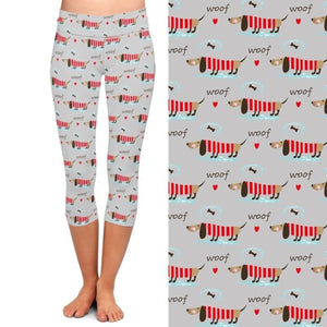 Image of a girl wearing Dachshund leggings with infinite Dachshunds design