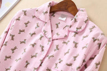 Load image into Gallery viewer, Image of a pink color Dachshund Pajama set shirt&#39;s close front view with an infinite dachshund print design