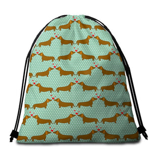Dachshund Love Drawstring Bags-Accessories-Accessories, Bags, Dachshund, Dogs-Dachshunds Kissing - Green with White Polka Dots BG-6