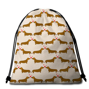 Dachshund Love Drawstring Bags-Accessories-Accessories, Bags, Dachshund, Dogs-Dachshunds Kissing - Cream with Pink Polka Dots BG-7
