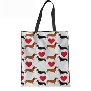 Dachshund Love Large Canvas Handbags-Accessories-Accessories, Bags, Dachshund, Dogs-Red and Black and Tan Dachshunds with Red Hearts - White BG-5