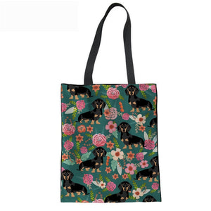 Dachshund Love Large Canvas Handbags-Accessories-Accessories, Bags, Dachshund, Dogs-Black and Tan Dachshunds - Floral Green BG-6