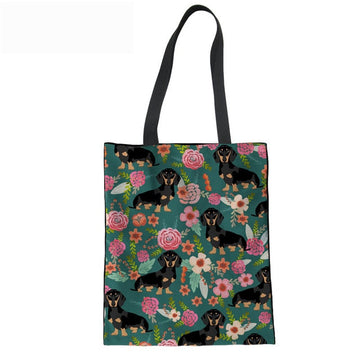 Dachshund Love Large Canvas Handbags-Accessories-Accessories, Bags, Dachshund, Dogs-Black and Tan Dachshunds - Floral Green BG-6