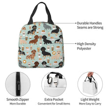 Load image into Gallery viewer, Information detail image of an insulated Dachshund lunch bag with exterior pocket in dachshund and coffee design
