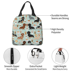 Information detail image of an insulated Dachshund lunch bag with exterior pocket in dachshund and coffee design
