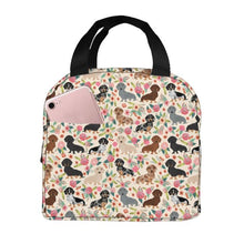 Load image into Gallery viewer, Image of an insulated beige color Dachshund lunch bag with exterior pocket in bloom design