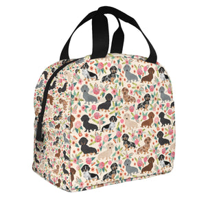 Image of an insulated beige color Dachshund lunch bag in bloom design