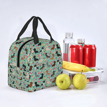Load image into Gallery viewer, Image of an insulated green color Dachshund lunch bag in bloom design