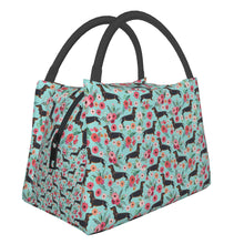 Load image into Gallery viewer, Image of dachshund lunch bag in black and tan dachshund in bloom design