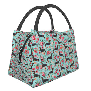 Image of dachshund lunch bag in black and tan dachshund in bloom design