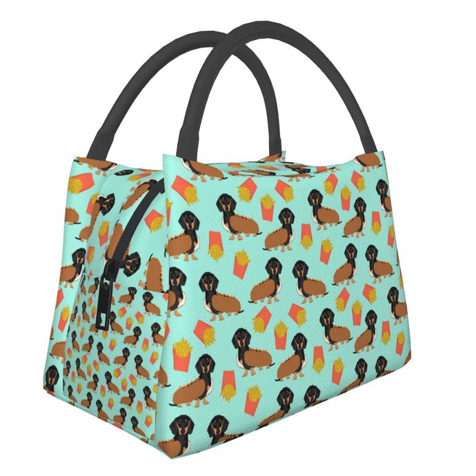 Image of a Dachshund lunch bag in the cutest Hotdog Dachshund design