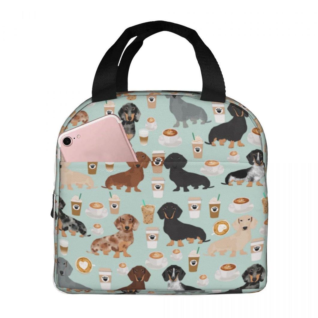 Image of an insulated Dachshund lunch bag with exterior pocket in dachshund and coffee design