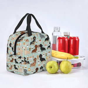Image of an insulated Dachshund lunch bag in dachshund and coffee design