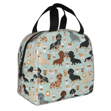 Load image into Gallery viewer, Image of an insulated Dachshund bag with exterior pocket in dachshund and coffee design