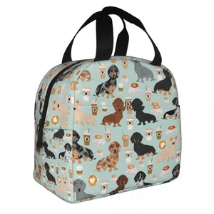 Image of an insulated Dachshund bag with exterior pocket in dachshund and coffee design