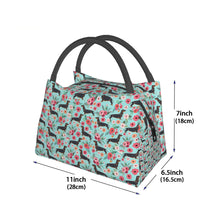 Load image into Gallery viewer, Size image of dachshund lunch bag in black and tan dachshund in bloom design