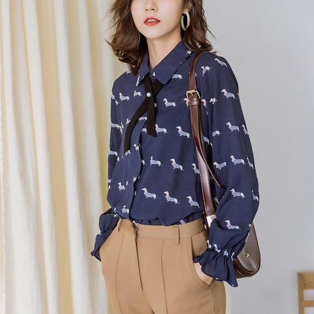 Image of a girl wearing Dachshund shirt in white color with infinite Dachshunds designs