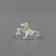 Load image into Gallery viewer, Image of a resizable Dachshund ring made of 925 sterling silver, and plated with real 18k Gold