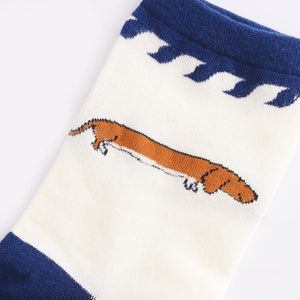 Close image of an embroidered Dachshund socks