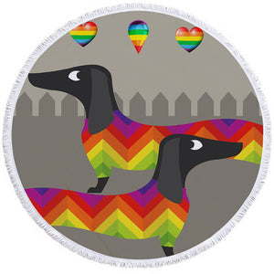 Image of a round dachshund towel with aztecs dachshunds on grey background