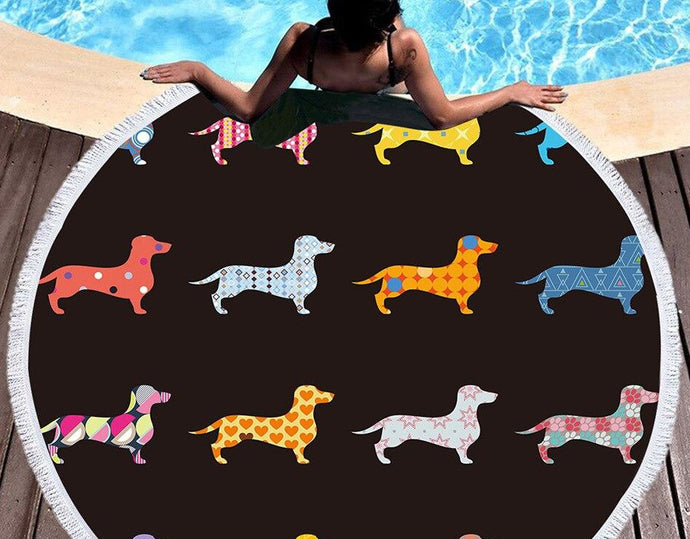 Image of a multicolor dachshunds beach towel