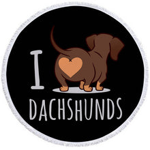 Load image into Gallery viewer, Image of a round dachshund towel with i love dachshunds text on black background