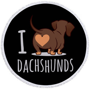 Image of a round dachshund towel with i love dachshunds text on black background