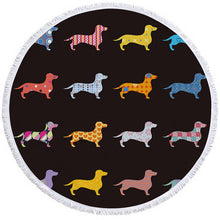 Load image into Gallery viewer, Image of a round dachshund towel with multicolor dachshunds on black background