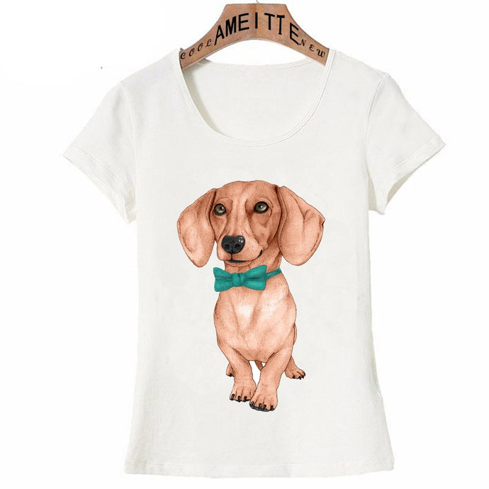 Image of a red dachshund t-shirt wearing green bowtie