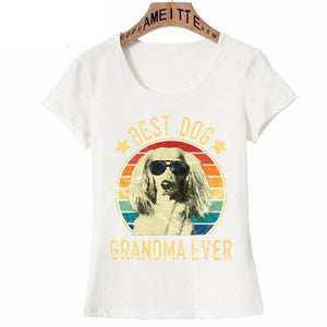 Image of a Dachshund t-shirt featuring a long-haired Dachshund and the text which says "BEST DOG GRANDMOTHER"