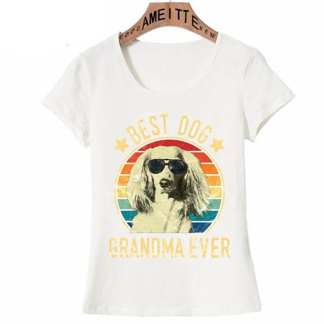 Image of a Dachshund t-shirt featuring a long-haired Dachshund and the text which says 