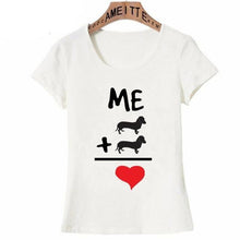 Load image into Gallery viewer, Image of a Dachshund t-shirt with the text which says &quot;ME+Dachshunds=LOVE&quot;