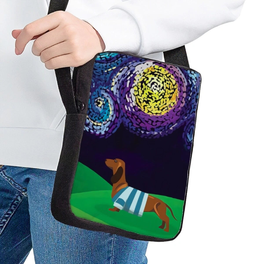 Image of a lady holding a Dachshund messenger bag