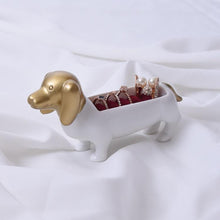 Load image into Gallery viewer, Image of a beautiful white and gold colored Dachshund jewelry box made of resin