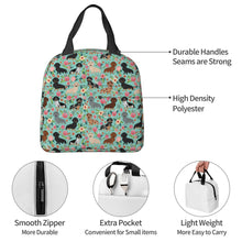 Load image into Gallery viewer, Information detail image of an insulated green color Dachshund lunch bag with exterior pocket in bloom design