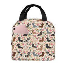 Load image into Gallery viewer, Image of an insulated Dachshund lunch bag with exterior pocket in beige color