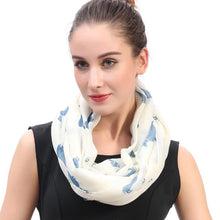Load image into Gallery viewer, Image of a girl wearing a beautful Dachshund scarf in the color cream with infinite Dachshunds design