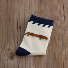 Load image into Gallery viewer, Image of a super-cute embroidered Dachshund socks made of cotton, polyester and spandex
