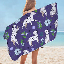 Load image into Gallery viewer, Image of a lady flaunting Dalmatian beach towel in the color purple