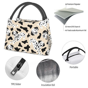 Detailed info of a dalmatian lunch bag in the cutest Dalmatian design