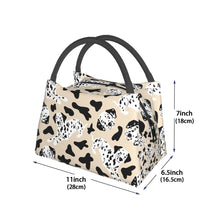 Load image into Gallery viewer, Size image of a dalmatian lunch bag in the cutest Dalmatian design