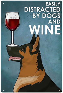 Easily Distracted by German Shepherds and Wine Tin Signboard-Home Decor-Dogs, German Shepherd, Home Decor, Sign Board-2