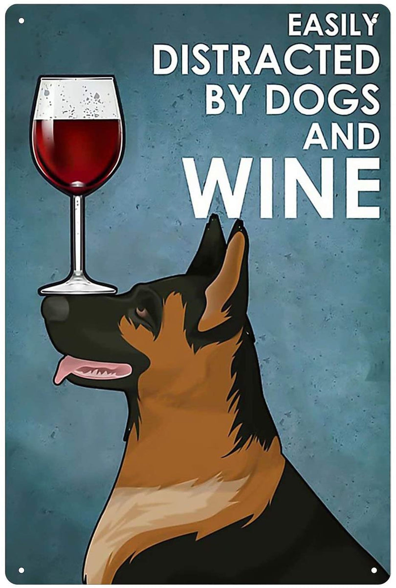 Easily Distracted by German Shepherds and Wine Tin Signboard-Home Decor-Dogs, German Shepherd, Home Decor, Sign Board-German Shepherd-Medium-1