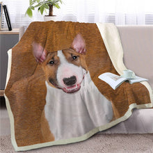 Load image into Gallery viewer, Image of a english bull terrier blanket in smiling english bull terrier design